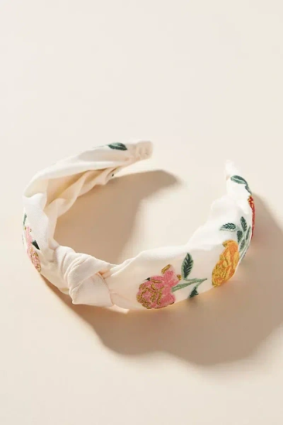 Rifle Paper Co Embroidered Roses Knot Headband In White