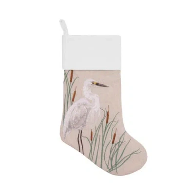 Rightside Designs White Egret Embroidered Linen Christmas Stocking In Multi