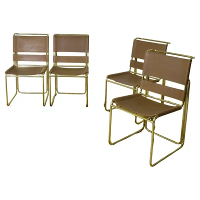 Pre-owned Rima Gastone Rinaldi Set Of Four Chairs, Brass Frame, Leather Seats, 1970s In Brown