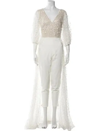 Pre-owned Rime Arodaky Floral Print V-neck Jumpsuit In Neutrals