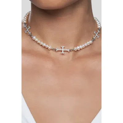 Rimor Jewelry Trio Adamas Cross Pearl Choker In White