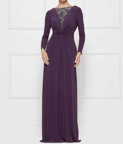 Rina Di Montella Knot-tied Gown With Jeweled Neck In Aubergine In Purple