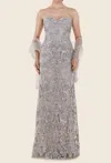 Rina Di Montella Lace Embroidered Evening Gown With Shawl In Platinum In Gray