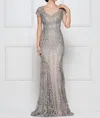 Rina Di Montella Lace Short Sleeves Trumpet Gown In Taupe In Gray