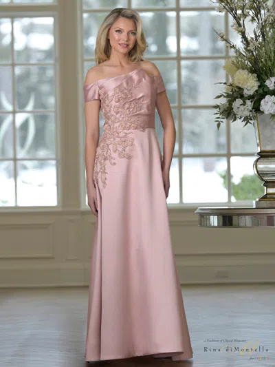 Rina Di Montella Off-the-shoulder Floor-length Mikado Formal Gown Floral Embroidery Rinad Di Montella Rd3501 In Pink