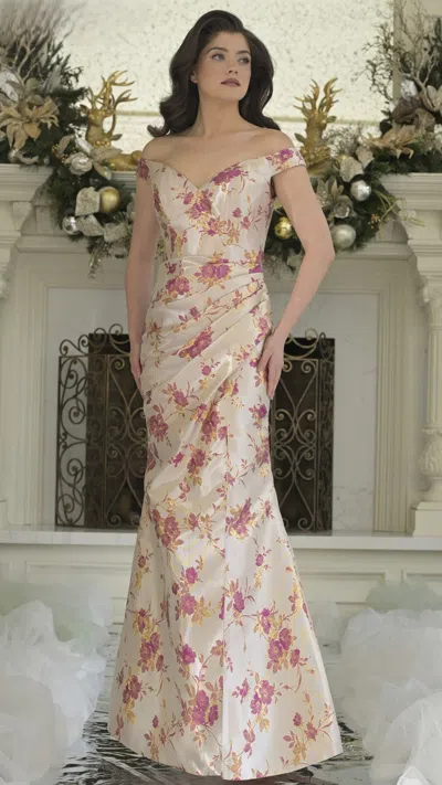 Rina Di Montella Rd3350 Fitted Long Formal Pleated Floral Evening Dress In Multi