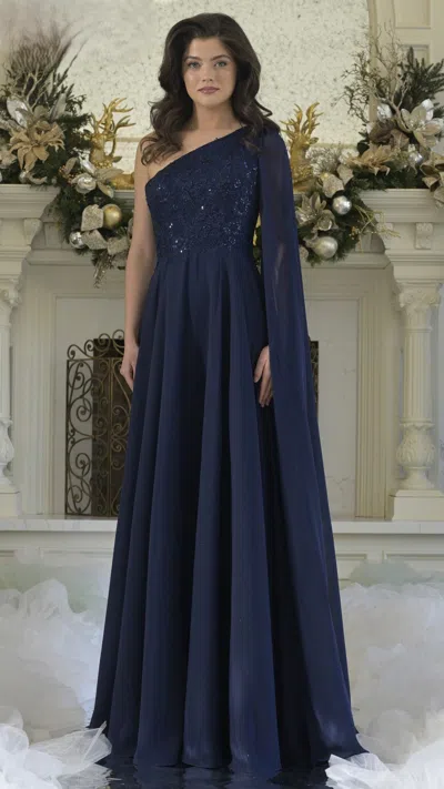 Rina Di Montella Rd3354 Long A Line Formal Pleated Evening Dress In Blue