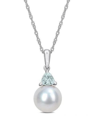 Rina Limor 10k 0.20 Ct. Tw. Aquamarine & 8-8.5mmmm Pearl Drop Pendant In Metallic