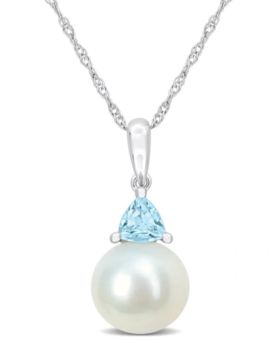 Rina Limor 10k 0.27 Ct. Tw. Sky Blue Topaz & 8-8.5mmmm Pearl Drop Pendant In Metallic