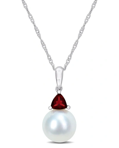 Rina Limor 10k 0.31 Ct. Tw. Garnet & 8-8.5mmmm Pearl Drop Pendant In Metallic