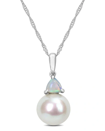 Rina Limor 10k 0.38 Ct. Tw. Ethiopian Opal & 8-8.5mmmm Pearl Drop Pendant In Metallic