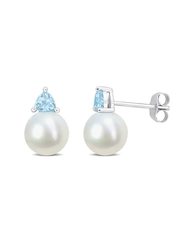 Rina Limor 10k 0.54 Ct. Tw. Sky Blue Topaz & 8-8.5mmmm Pearl Studs In Metallic