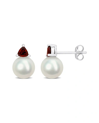 Rina Limor 10k 0.62 Ct. Tw. Garnet & 8-8.5mmmm Pearl Studs In Multi