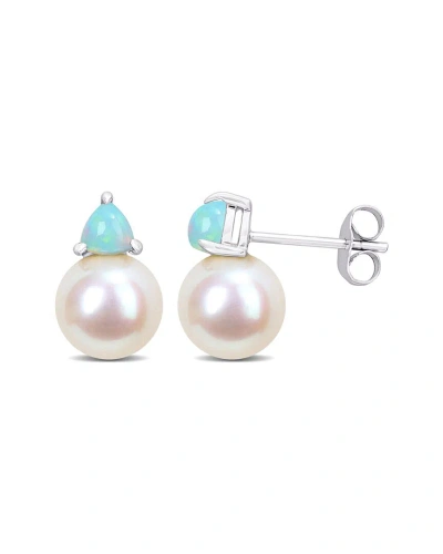 Rina Limor 10k 0.76 Ct. Tw. Ethiopian Opal & 8-8.5mmmm Pearl Studs In Metallic