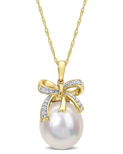Rina Limor 10k 0.08 Ct. Tw. Diamond 12-12.5mm Pearl Bow Pendant Necklace In Multi