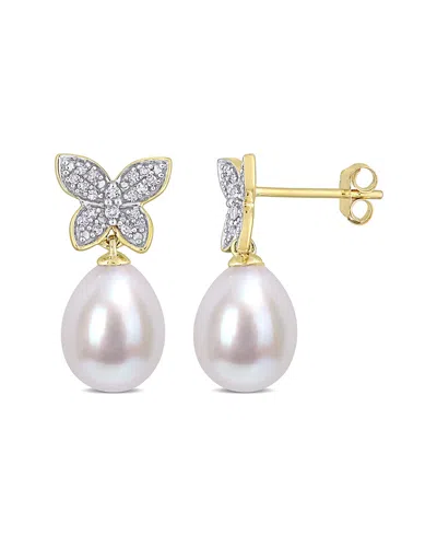 Rina Limor 10k 0.14 Ct. Tw. Diamond 8.5-9mm Pearl Butterfly Drop Earrings In Gold