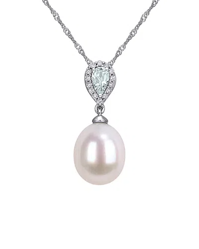RINA LIMOR RINA LIMOR 10K 0.25 CT. TW. DIAMOND, AQUAMARINE, & 9-9.5MM PEARL PENDANT NECKLACE