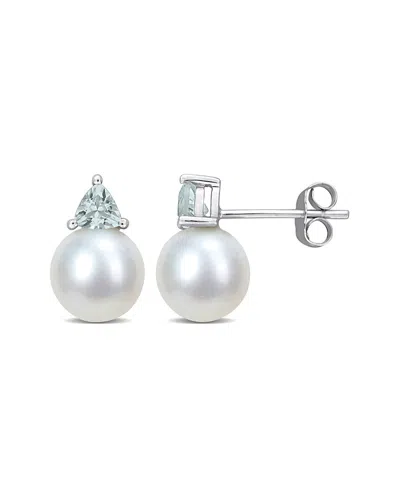 Rina Limor 10k 0.40 Ct. Tw. Aquamarine & 8-8.5mmmm Pearl Studs In Metallic