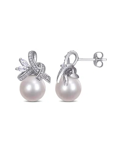 Rina Limor 10k 0.59 Ct. Tw. Diamond 9.5-10mm Pearl Flower Studs In Silver