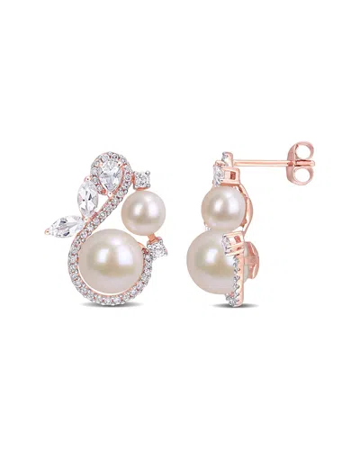 Rina Limor 10k Rose Gold 1.47 Ct. Tw. Diamond & White Topaz 5-5.5mm & 8-8.5mm Pearl Earrings