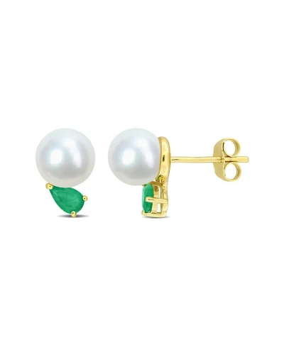 Rina Limor 14k 0.38 Ct. Tw. Emerald & 7-7.5mmmm Pearl Studs In Gold