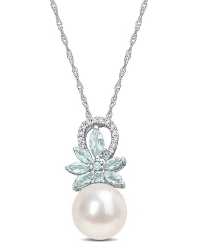 Rina Limor 14k 0.67 Ct. Tw. Diamond & Aquamarine 9.5-10mm Pearl Flower Pendant Necklace