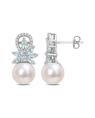 Rina Limor 14k 1.33 Ct. Tw. Diamond & Aquamarine 8.5-9mm Pearl Flower Drop Earrings