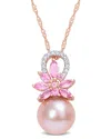Rina Limor 14k Rose Gold 1.01 Ct. Tw. Diamond & Pink Sapphire 9.5-10mm Pearl Flower Pendant Necklace