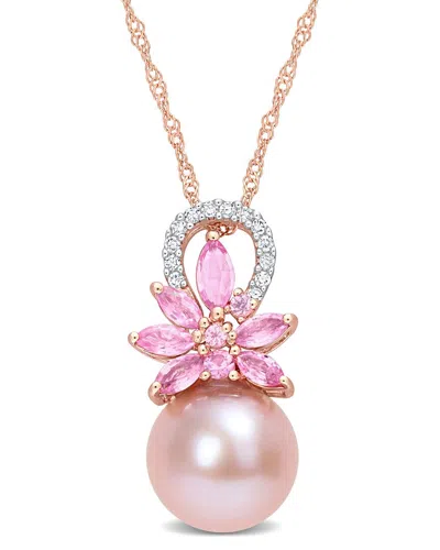 Rina Limor 14k Rose Gold 1.01 Ct. Tw. Diamond & Pink Sapphire 9.5-10mm Pearl Flower Pendant Necklace