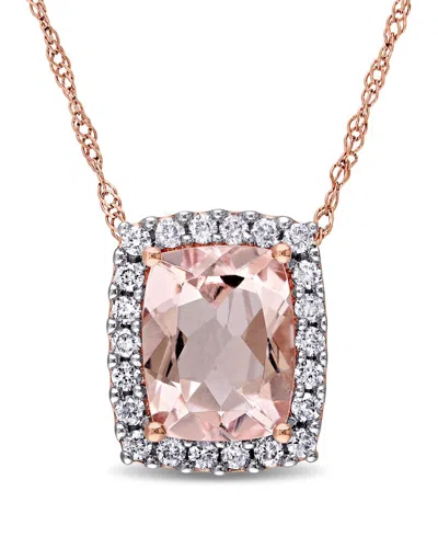 Rina Limor 14k Rose Gold 2.01 Ct. Tw. Diamond & Morganite Rectangle Halo Pendant Necklace