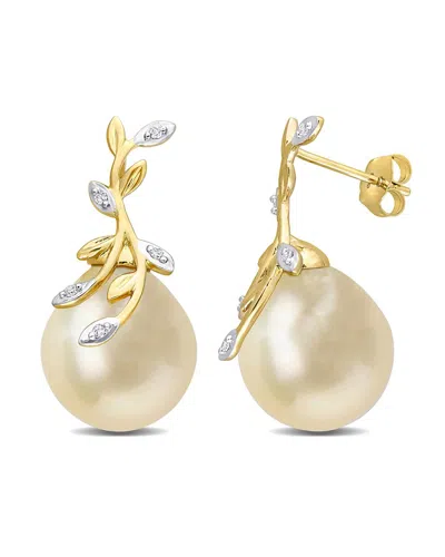 Rina Limor Contemporary Pearls 14k Diamond 12-12.5mm Pearl Leaf Earrings