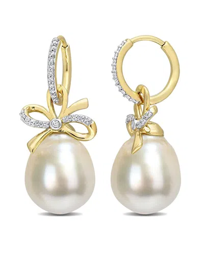 Rina Limor Contemporary Pearls 14k 0.22 Ct. Tw. Diamond 12-12.5mm Pearl Bow Huggie Earrings
