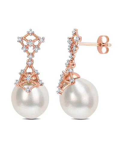 Rina Limor Contemporary Pearls 14k Rose Gold 0.14 Ct. Tw. Diamond 9-10mm Pearl Filigree Drop Earrings