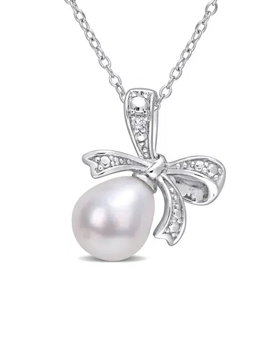 Rina Limor Silver 0.01 Ct. Tw. Diamond 8.5-9mm Pearl Bow Pendant Necklace