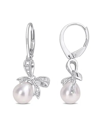 Rina Limor Silver 0.02 Ct. Tw. Diamond 7.5-8mm Pearl Bow Earrings In Pink