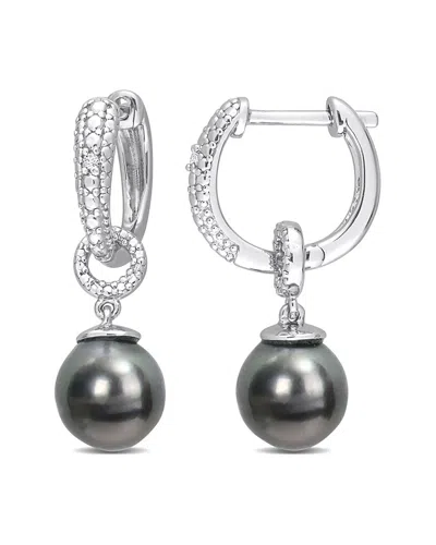 Rina Limor Silver 0.02 Ct. Tw. Diamond 8-8.5mm Pearl Drop Huggie Earrings