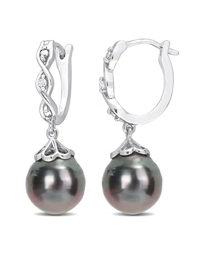 Rina Limor Silver 0.02 Ct. Tw. Diamond 8-9mm Pearl Huggie Earrings In Brown