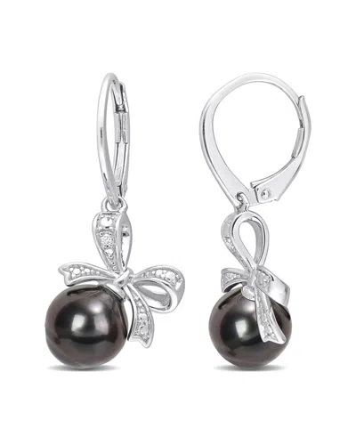 Rina Limor Silver 0.02 Ct. Tw. Diamond 8-9mm Pearl Bow Earrings In Black