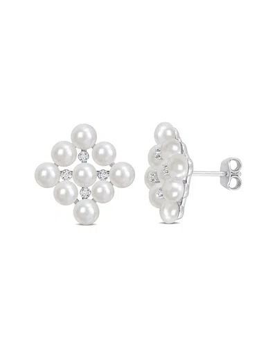 Rina Limor Silver 0.05 Ct. Tw. Diamond 4-4.5mm Pearl Earrings