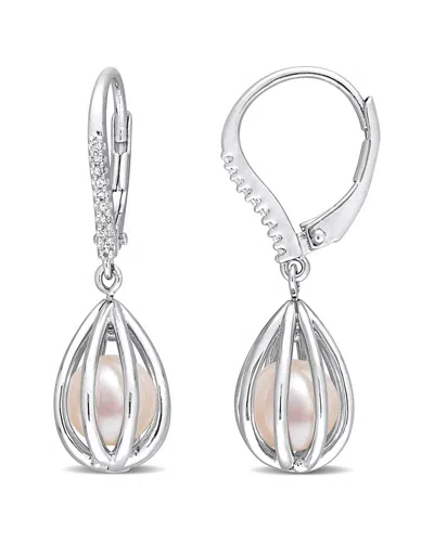 Rina Limor Silver Diamond 7-7.5mm Pearl Earrings