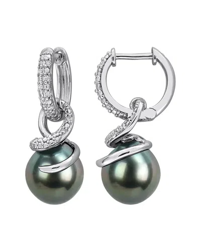 Rina Limor Silver 0.10 Ct. Tw. Diamond & 9-10mm Pearl Hoop Earrings In Metallic