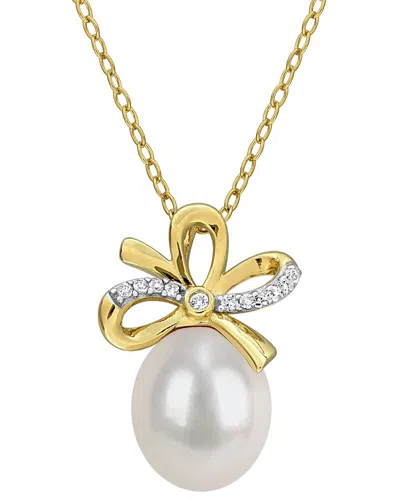 Rina Limor Silver 0.10 Ct. Tw. Lab-grown Created White Sapphire & 9-10mm Pearl Bow Necklace In Gold