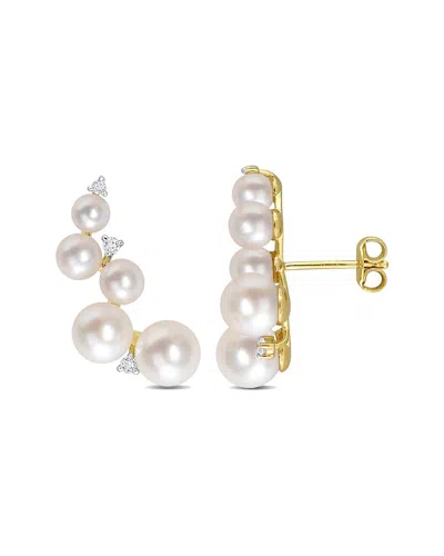 Rina Limor Silver 0.22 Ct. Tw. White Topaz 4-6.5mm Pearl Climber Earrings In Gold