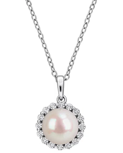Rina Limor Silver 0.32 Ct. Tw. Lab-grown Created White Sapphire & 8-8.5 Mm Pearl Halo Necklace In Metallic