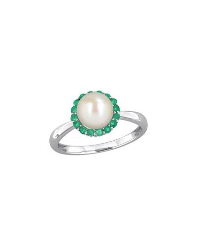 Rina Limor Silver 0.32 Ct. Tw. Lab-grown Emerald & 7.0-7.5mm Pearl Halo Ring In Metallic