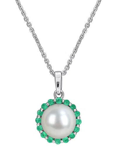 Rina Limor Silver 0.32 Ct. Tw. Lab-grown Emerald & 8-8.5 Mm Pearl Halo Necklace In Metallic