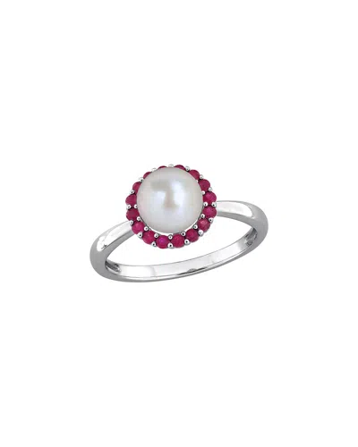 Rina Limor Silver 0.32 Ct. Tw. Ruby & 7.0-7.5mm Pearl Halo Ring In Metallic
