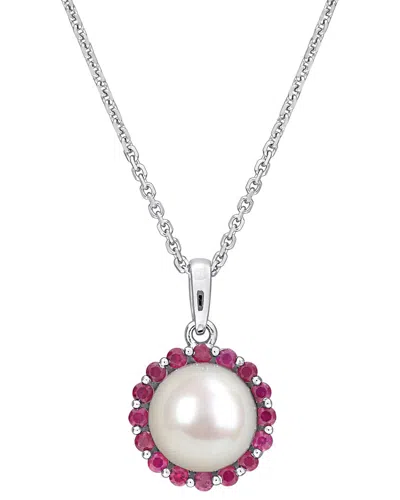 Rina Limor Silver 0.32 Ct. Tw. Ruby & 8-8.5 Mm Pearl Halo Necklace In Metallic