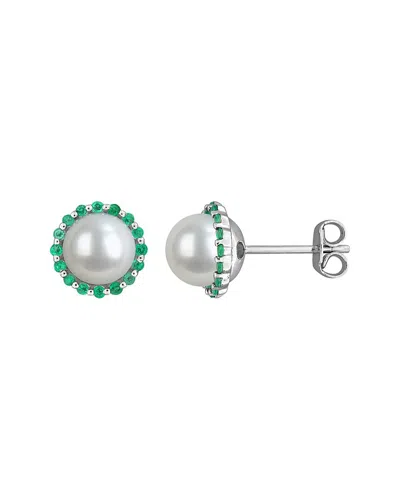 Rina Limor Silver 0.38 Ct. Tw. Lab-grown Emerald & 7-7.5 Mm Pearl Halo Stud Halo Stud In Metallic