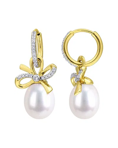 Rina Limor Silver 0.42 Ct. Tw. Lab-grown Created White Sapphire & 9.0-10.0 Mm Pearl Bow Drop Earring In Gold